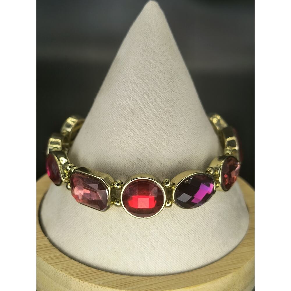 Vintage Gold-Tone Bracelet w/ Faceted Red & Purple Gemstones - Statement Jewelry